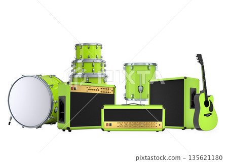 Set of electric acoustic guitars and drums with cymbals on white background 135621180