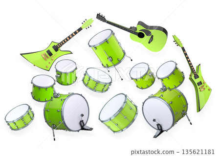 Set of electric acoustic guitars and drums with cymbals on white background Set of electric acoustic guitars and drums with cymbals on white background 135621181