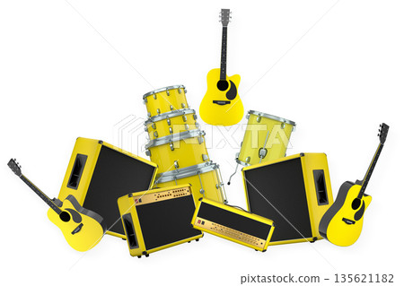Set of electric acoustic guitars and drums with cymbals on white background Set of electric acoustic guitars and drums with cymbals on white background 135621182