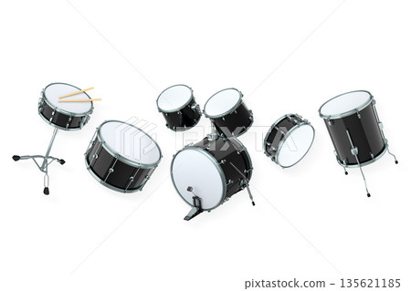 Set of drums and drumset with metal cymbals on white background Set of drums and drumset with metal cymbals on white background 135621185