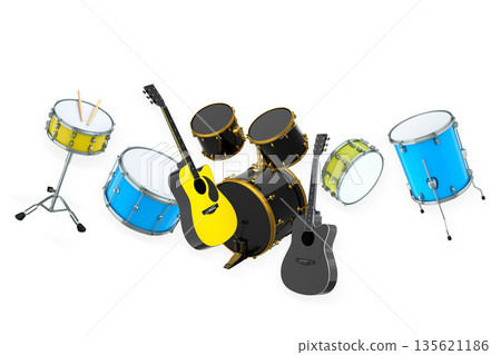 Set of electric acoustic guitars and drums with cymbals on white background 135621186