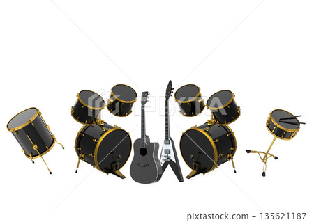 Set of electric acoustic guitars and drums with cymbals on white background 135621187