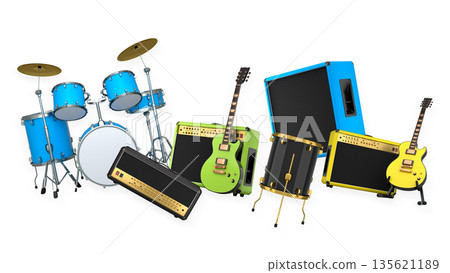 Set of electric acoustic guitars and drums with cymbals on white background Set of electric acoustic guitars and drums with cymbals on white background 135621189