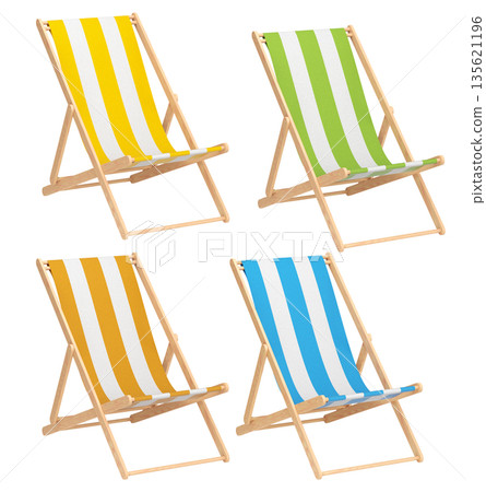 Set of striped beach chairs for summer getaways isolated on white background. Set of striped beach chairs for summer getaways isolated on white background. 135621196