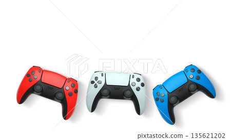 Wireless gaming controllers flying in air isolated on white background, symbolizing gaming technology concept 135621202