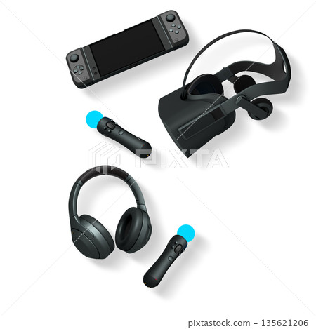 Gaming console, VR headset, wireless headphones, and motion controllers isolated on white background with clipping path Gaming console, VR headset, wireless headphones, and motion controllers isolated on white background with clipping path 135621206