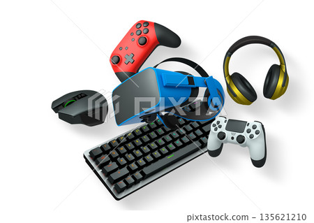 Collection of gaming accessories including headset, controller, keyboard, and VR gear on white background with clipping path Collection of gaming accessories including headset, controller, keyboard, and VR gear on white background with clipping path 135621210