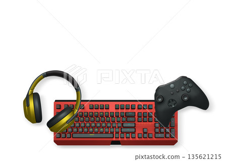 Gaming controller, RGB keyboard and headphones displayed in flat lay style isolated on white background with clipping path. Gaming controller, RGB keyboard and headphones displayed in flat lay style isolated on white background with clipping path. 135621215