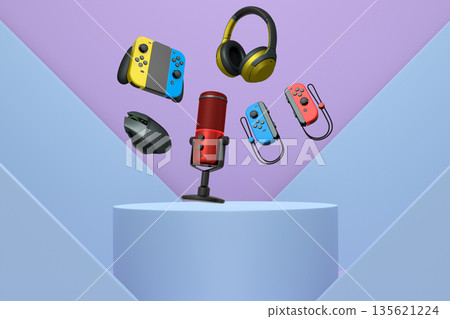 Gaming controllers, headphones, mouse, and microphone floating above pedestal or podium on pastel geometric background 135621224