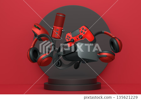 Collection of gaming gadgets like controllers, VR glasses, microphone and headphones over podium on abstract pastel background 135621229