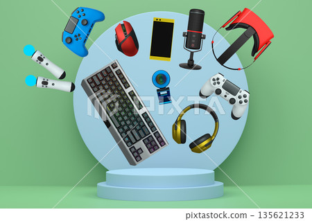 Multiple gaming devices and accessories floating above podium against abstract background, concept of modern gaming tech 135621233
