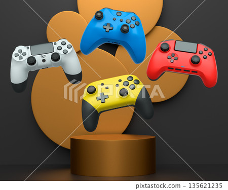 Colorful gaming controllers joystick levitating over podium against abstract background, minimalist concept device on pedestal Colorful gaming controllers joystick levitating over podium against abstract background, minimalist concept device on pedestal 135621235
