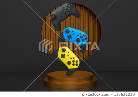 Colorful gaming controllers joystick levitating over podium against abstract background, minimalist concept device on pedestal Colorful gaming controllers joystick levitating over podium against abstract background, minimalist concept device on pedestal 135621239