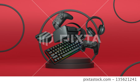 Gaming and streaming accessories including RGB keyboard, headphones, mouse, joystick and VR glasses floating above podium Gaming and streaming accessories including RGB keyboard, headphones, mouse, joystick and VR glasses floating above podium 135621241