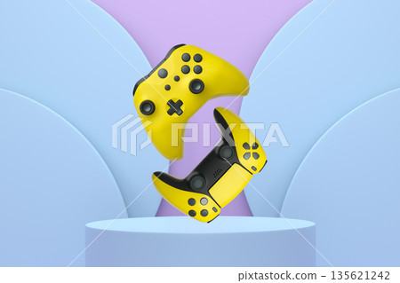 Colorful gaming controllers joystick levitating over podium against abstract background, minimalist concept device on pedestal Colorful gaming controllers joystick levitating over podium against abstract background, minimalist concept device on pedestal 135621242