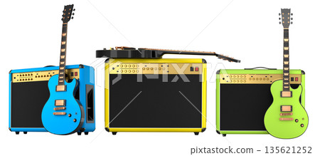 Set of amplifier with acoustic guitar isolated on white background. Set of amplifier with acoustic guitar isolated on white background. 135621252