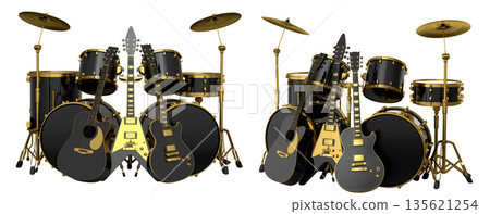 Set of realistic drums with metal cymbals on stand and acoustic guitars on white Set of realistic drums with metal cymbals on stand and acoustic guitars on white 135621254