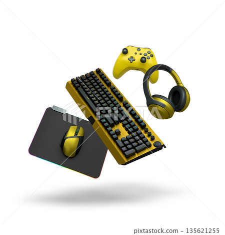 Gaming keyboard, mouse, controller and headphones floating in air, isolated on white background with clipping path. 135621255