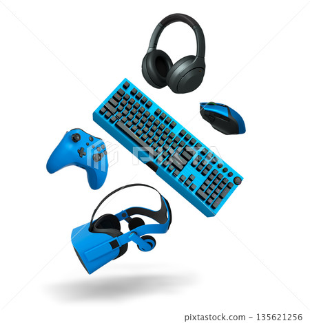 Gaming keyboard, mouse, controller and headphones floating in air, isolated on white background with clipping path. 135621256