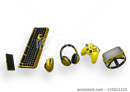 Gaming gadgets like keyboard, mouse, headphones, controller, and VR headset in digital style isolated on white background Gaming gadgets like keyboard, mouse, headphones, controller, and VR headset in digital style isolated on white background 135621258