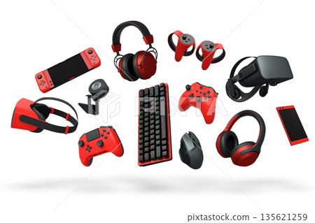 Gaming gadgets like keyboard, mouse, headphones, controller, and VR headset in digital style isolated on white background Gaming gadgets like keyboard, mouse, headphones, controller, and VR headset in digital style isolated on white background 135621259