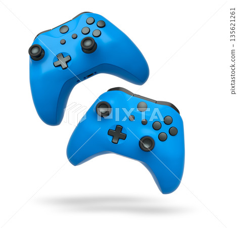 Wireless gaming controllers flying in air isolated on white background, symbolizing gaming technology concept 135621261