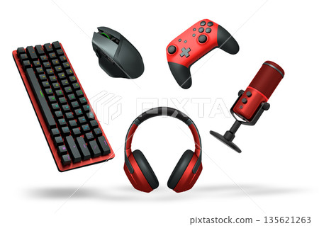 Gaming gear like keyboard, mouse, controller, headphones, and microphone floating on white background with clipping path Gaming gear like keyboard, mouse, controller, headphones, and microphone floating on white background with clipping path 135621263