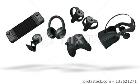 Floating gaming accessories like keyboard, mouse, controller, headset and VR goggles on white background with clipping path 135621271