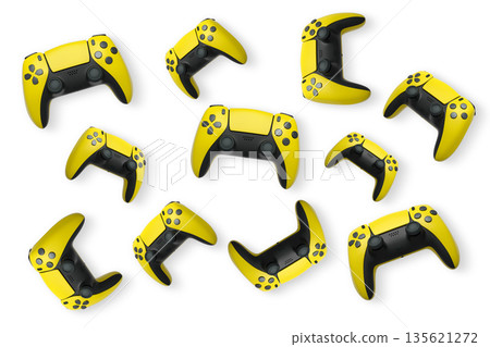 Wireless gaming controllers flying in air isolated on white background, symbolizing gaming technology concept Wireless gaming controllers flying in air isolated on white background, symbolizing gaming technology concept 135621272