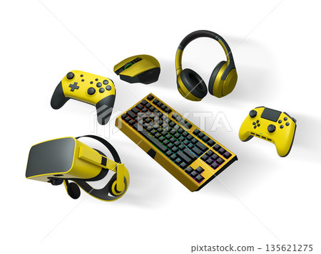 Floating gaming accessories like keyboard, mouse, controller, headset and VR goggles on white background with clipping path Floating gaming accessories like keyboard, mouse, controller, headset and VR goggles on white background with clipping path 135621275