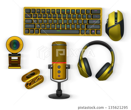 Gaming and streaming accessories including RGB keyboard, wireless mouse, headphones, mic, webcam, earbuds on white background 135621295
