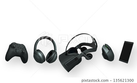 Gaming controller, headphones, VR headset, mouse, and smartphone isolated on white background with clipping path Gaming controller, headphones, VR headset, mouse, and smartphone isolated on white background with clipping path 135621300