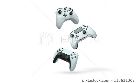 Wireless gaming controllers flying in air isolated on white background, symbolizing gaming technology concept 135621302