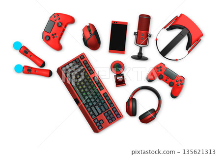 Gaming gear assortment with controllers, keyboard, headset, mouse, and mic isolated on white background with clipping path 135621313