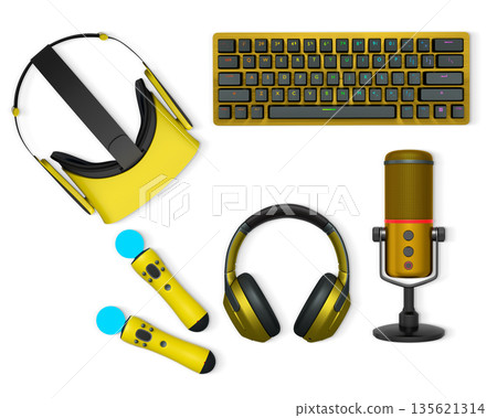 Gaming accessories including VR headset, RGB keyboard, headphones, and microphone shown isolated on white background 135621314
