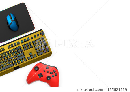 Gaming keyboard with RGB lights, wireless mouse on mousepad, and controller isolated on white background, concept of gaming setup 135621319