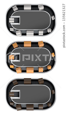 Set of Airport conveyor belt or baggage claim area with cardboard boxes or cartons 135621327