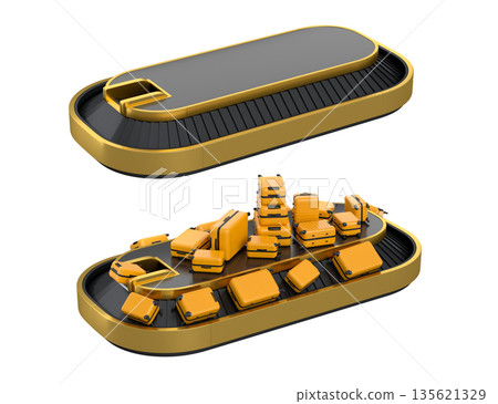 Set of Airport luggage conveyor belt or baggage claim area with suitcases on white. Set of Airport luggage conveyor belt or baggage claim area with suitcases on white. 135621329