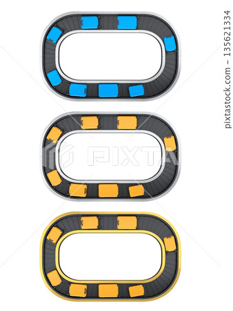Set of Airport luggage conveyor belt or baggage claim area with suitcases on white. 135621334