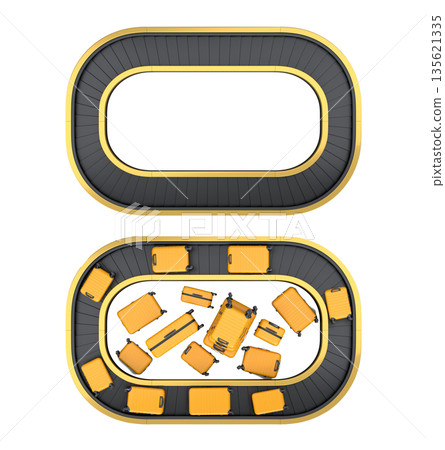 Set of Airport luggage conveyor belt or baggage claim area with suitcases on white. Set of Airport luggage conveyor belt or baggage claim area with suitcases on white. 135621335