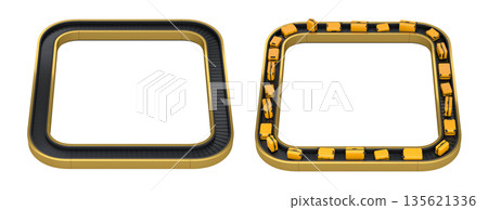Set of Airport luggage conveyor belt or baggage claim area with suitcases on white. 135621336