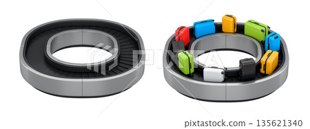 Set of Airport luggage conveyor belt or baggage claim area with suitcases on white. 135621340