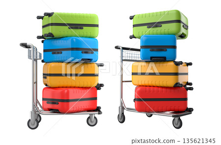Set of Regular suitcase on hotel trolley cart for carrying baggage on white background Set of Regular suitcase on hotel trolley cart for carrying baggage on white background 135621345