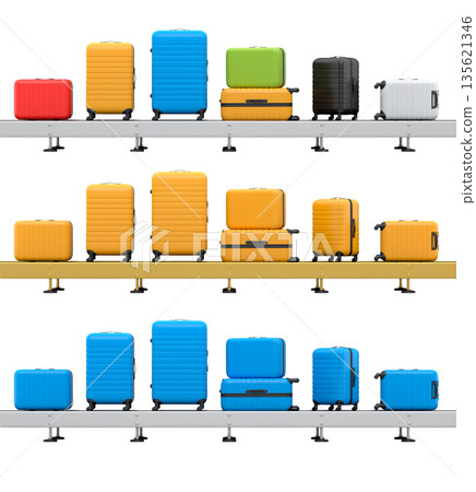 Set of Airport luggage conveyor belt or manufacture line with baggage on white. Set of Airport luggage conveyor belt or manufacture line with baggage on white. 135621346