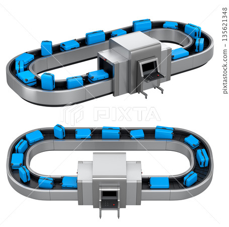 Set of Airport luggage conveyor belt or baggage claim area with suitcases on white. Set of Airport luggage conveyor belt or baggage claim area with suitcases on white. 135621348