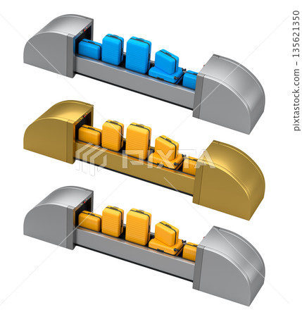 Set of Airport luggage conveyor belt or baggage claim area with suitcases on white. Set of Airport luggage conveyor belt or baggage claim area with suitcases on white. 135621350