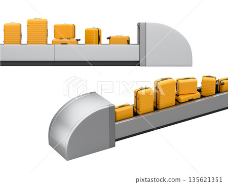 Set of Airport luggage conveyor belt or baggage claim area with suitcases on white. 135621351