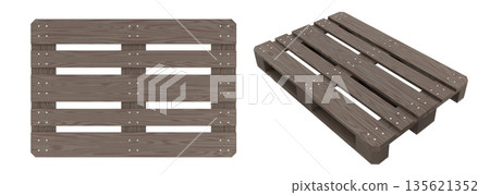 Set of wooden pallet for warehouse cargo storage isolated on white background. 135621352