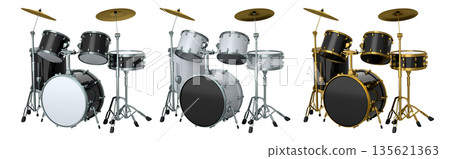Set of realistic drums with metal cymbals or drumset on white background Set of realistic drums with metal cymbals or drumset on white background 135621363