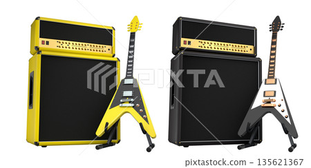 Set of amplifier with acoustic guitar isolated on white background. 135621367